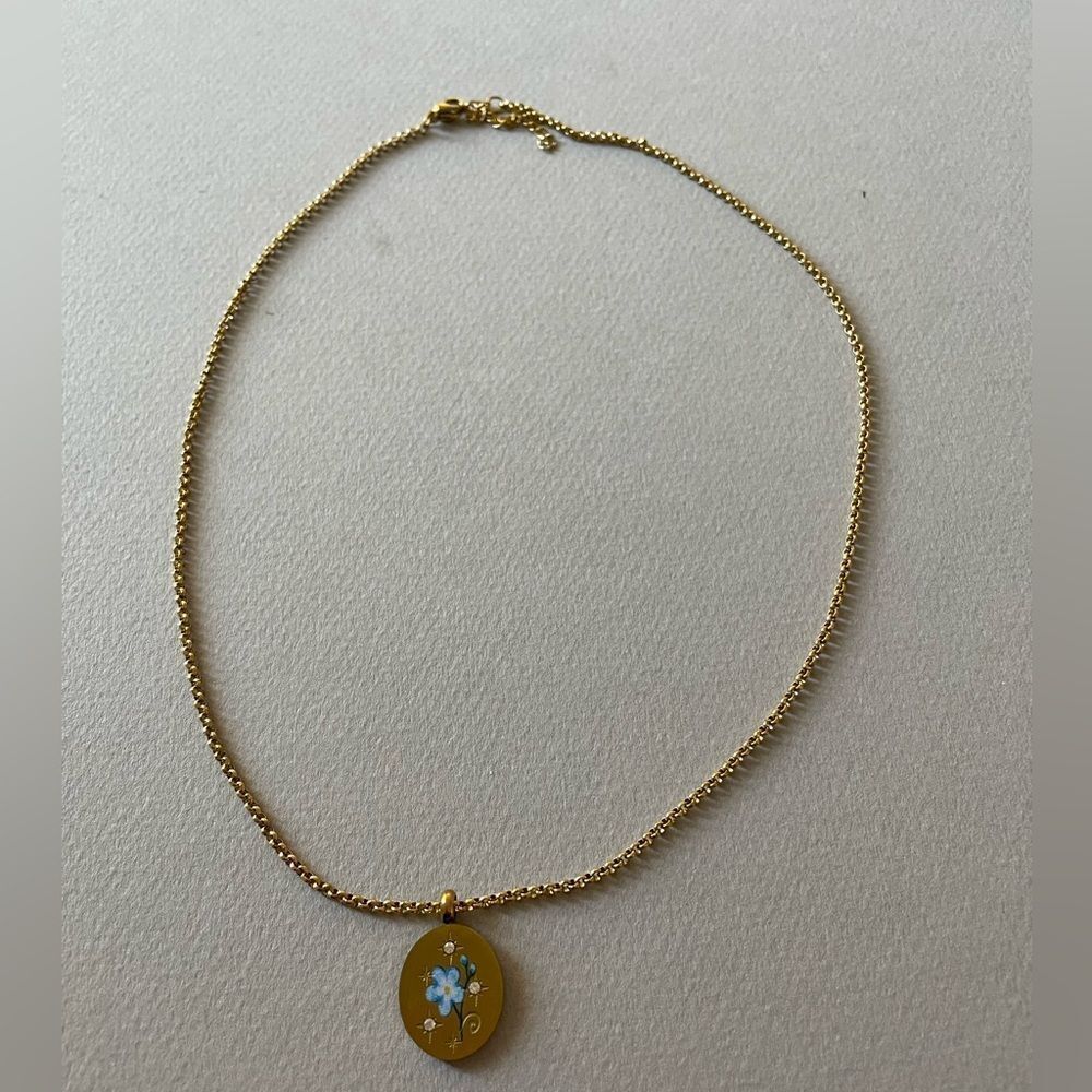 Gold blue flower Oval Pendant Necklace N1304 - Picture 3 of 4